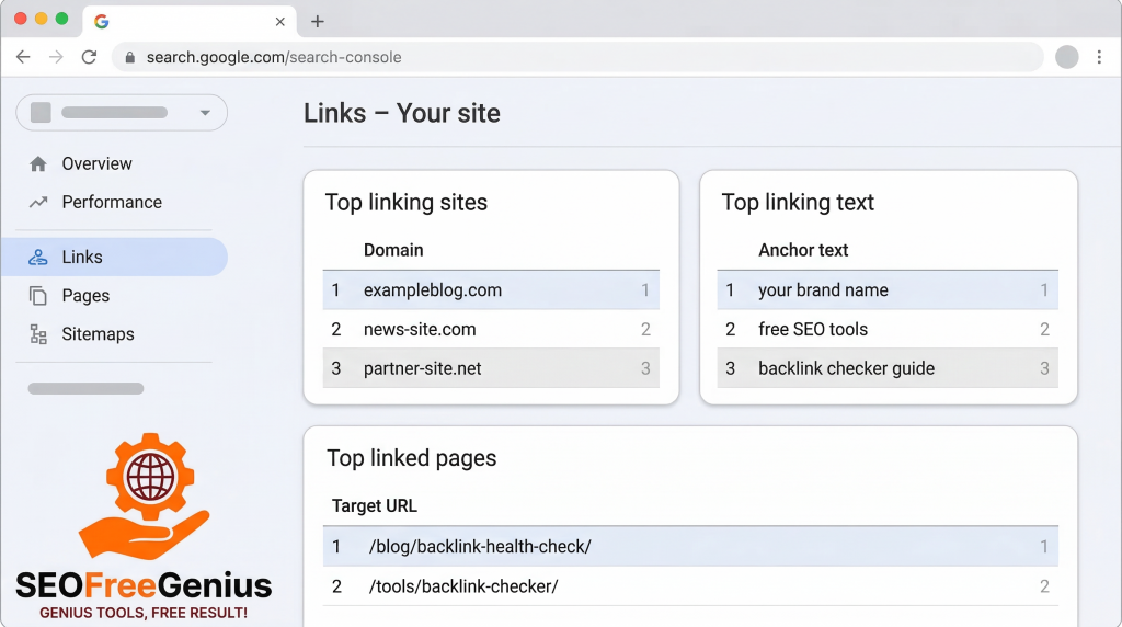 Google Search Console Links report mockup showing top linking sites, top anchor text and top linked pages for backlink analysis