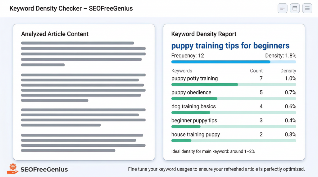 SEOFreeGenius keyword density checker dashboard showing analyzed article content and keyword density report for “puppy training tips for beginners” with related SEO keyword counts and percentages