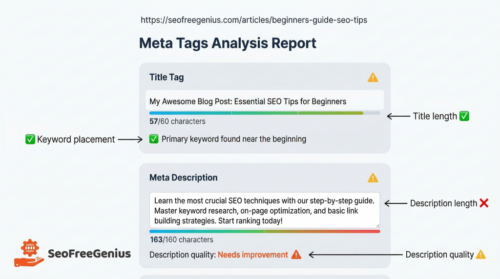 Meta tags analyzer SEO tool interface showing title tag and meta description analysis with length, keyword placement, and description quality indicators for optimizing click‑through rate and on‑page SEO for blog posts