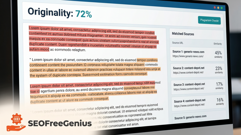 plagiarism checker results screen showing originality 72 percent with duplicate content sentences highlighted in red and orange and matched sources list for seo content audit