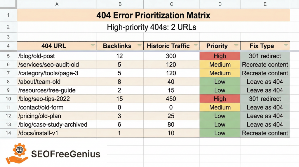 404 error prioritization matrix spreadsheet showing how to rank 404 URLs by backlinks, traffic, priority, and SEO fix type