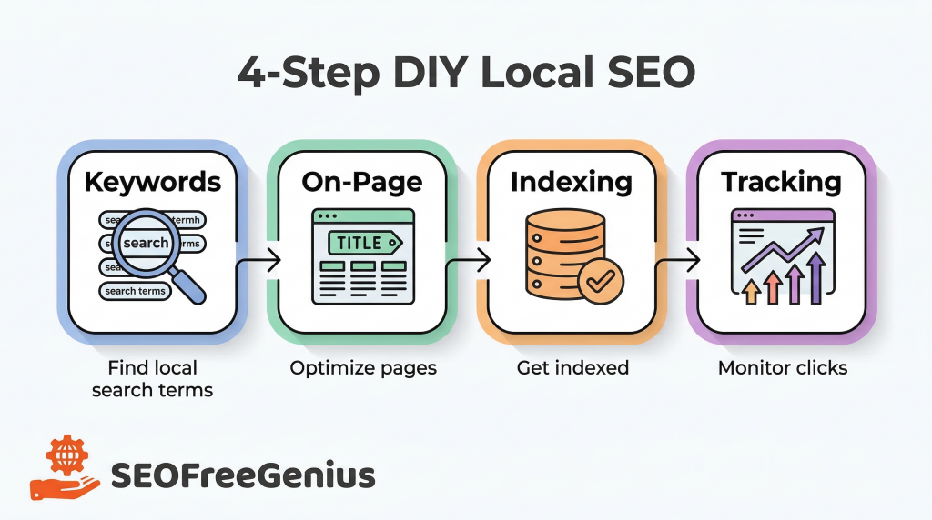 4-step DIY local SEO infographic showing keywords, on-page optimization, indexing, and tracking for small business growth.