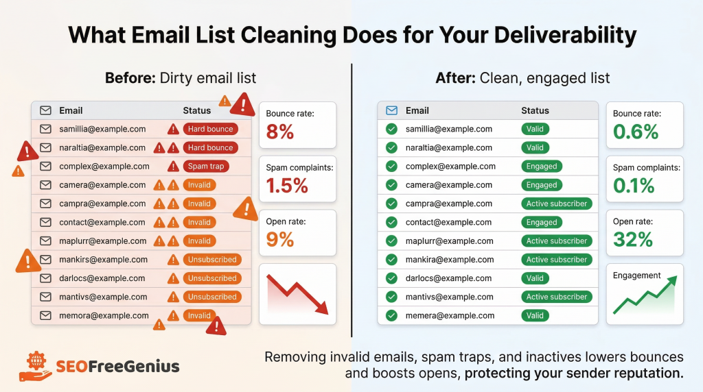 Before and after email list cleaning infographic – comparison of dirty email list with high bounce rate, spam complaints, low open rate versus clean engaged list with low bounces, higher opens, better engagement – SEOFreeGenius email deliverability optimization