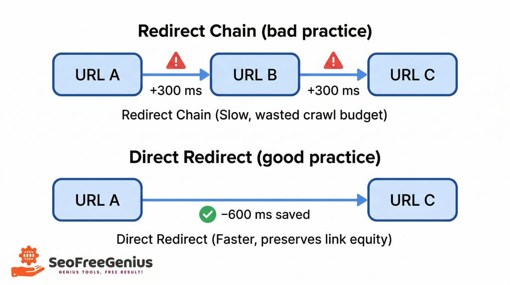 Flow diagram comparing redirect chain vs direct redirect for SEO, showing URL A to URL C with intermediate URL B adding 300 ms hops, and a direct 301 redirect saving 600 ms and preserving link equity, SEOFreeGenius graphic