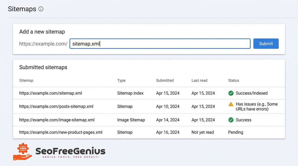 Google Search Console sitemaps dashboard showing how to submit sitemap.xml and view submitted XML sitemaps with index status, success, errors, and pending crawl for SEO indexing and website sitemap management
