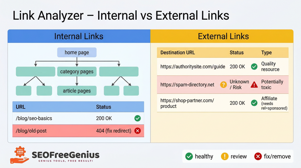 Link analyzer internal vs external links infographic showing site architecture, broken internal links and external link quality for SEO audit