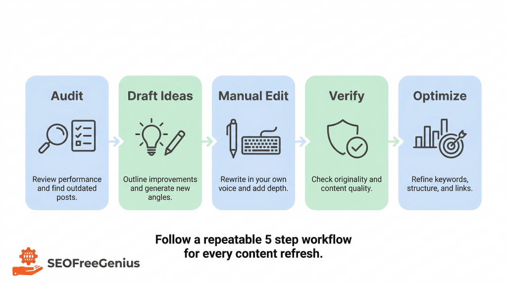 SEOFreeGenius 5 step content refresh workflow infographic illustrating audit, draft ideas, manual edit, verify originality, and optimize keywords for SEO content optimization and blogging strategy