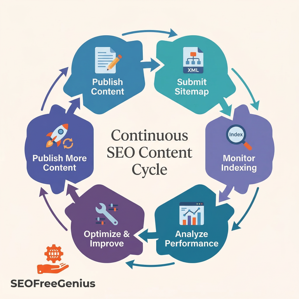 Continuous SEO content cycle circular infographic showing steps to publish content, submit XML sitemap, monitor indexing, analyze performance, optimize and improve, and publish more content for ongoing SEO strategy