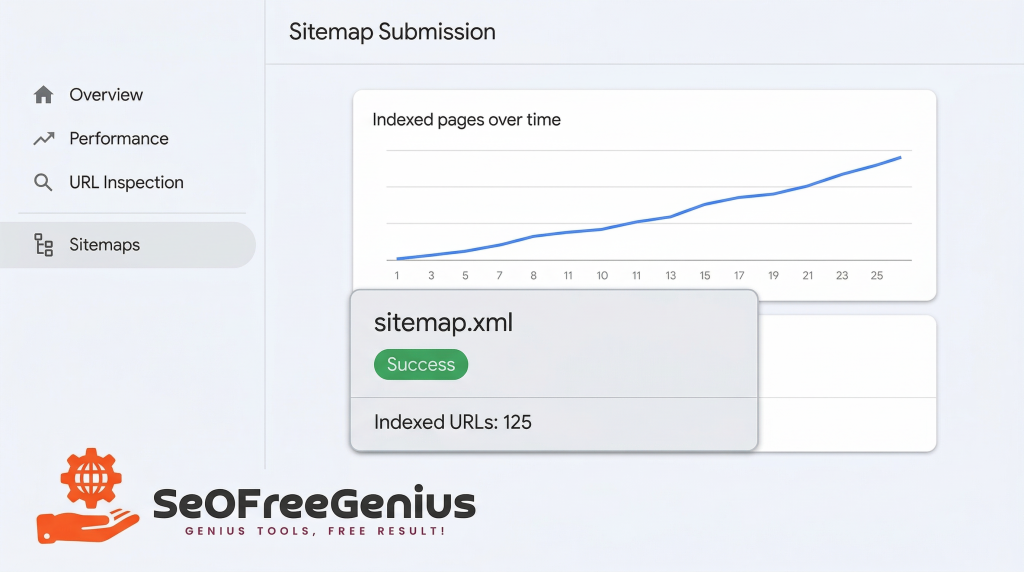 Illustration of Google Search Console sitemap submission dashboard showing sitemap.xml success message and indexed pages over time graph increasing to 125 indexed URLs, demonstrating XML sitemap SEO benefits, SEOFreeGenius