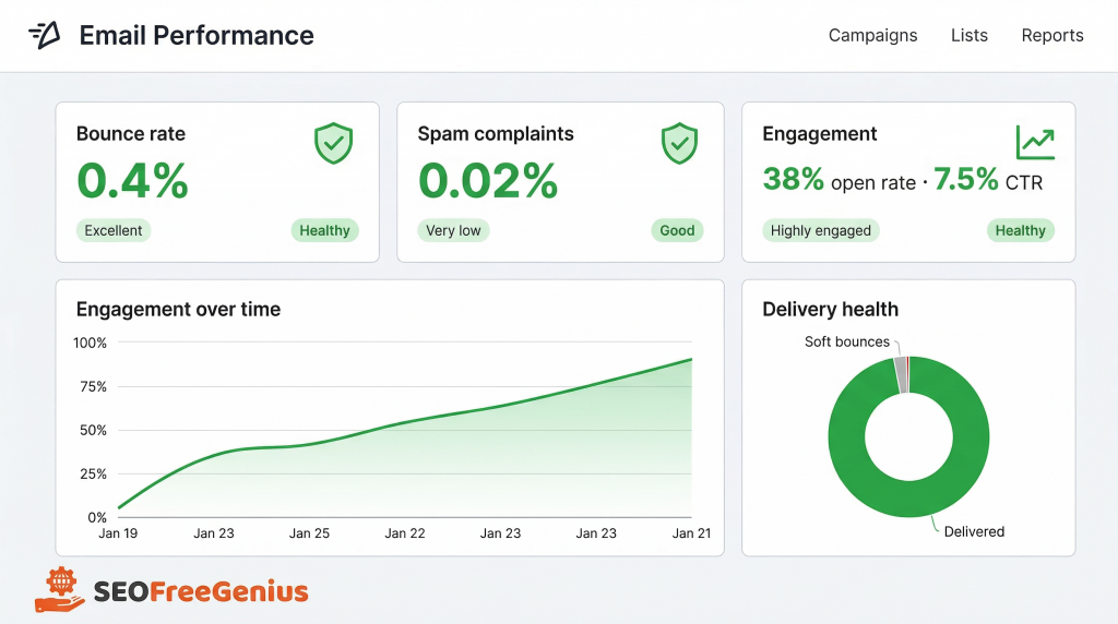 Email performance analytics dashboard – SEOFreeGenius showing low bounce rate, minimal spam complaints, high engagement open rate and CTR, rising engagement over time and strong delivery health for successful email marketing campaigns