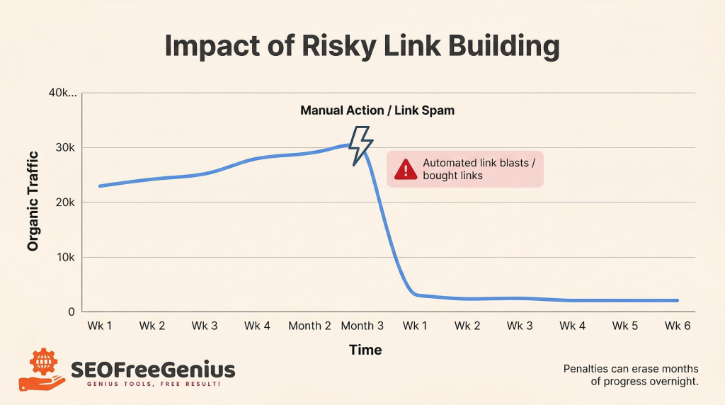 Impact of risky link building graph showing manual action link spam penalty and sharp drop in organic traffic over time