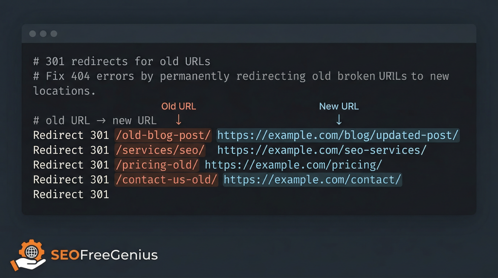 301 redirect code example showing old URLs redirected to new URLs to fix 404 errors and improve SEO