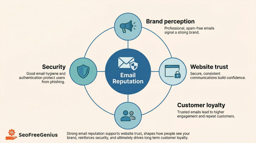 Email reputation and brand trust infographic – diagram showing how strong email reputation connects to website trust, customer loyalty, security and brand perception, highlighting impact of professional spam‑free emails – SEOFreeGenius marketing graphic