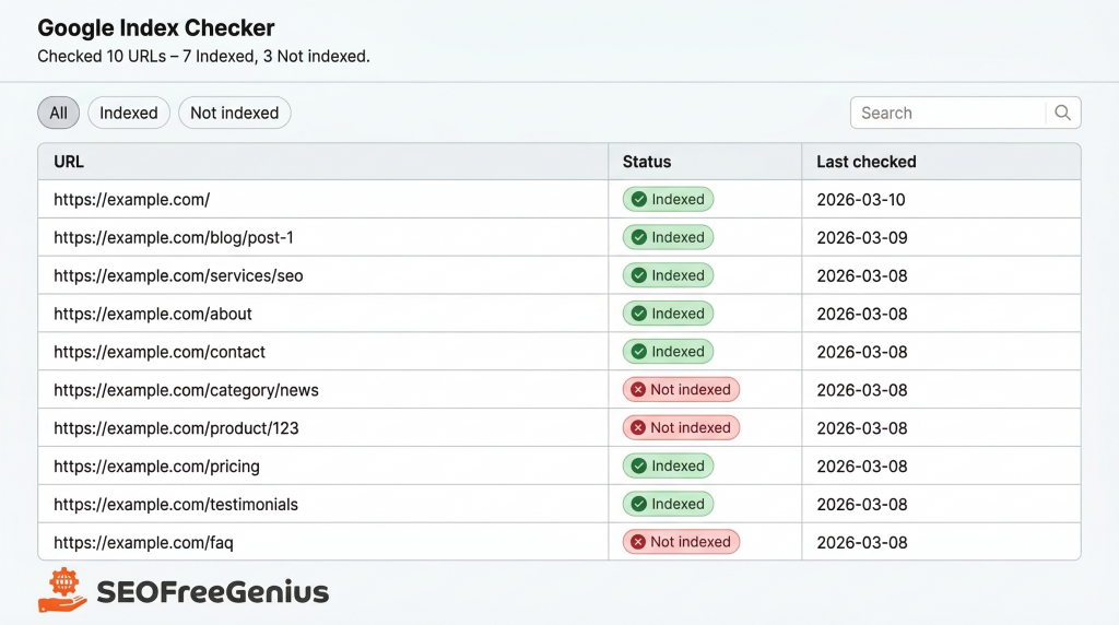 Google Index Checker results table showing which URLs are indexed or not indexed in Google for SEO auditing