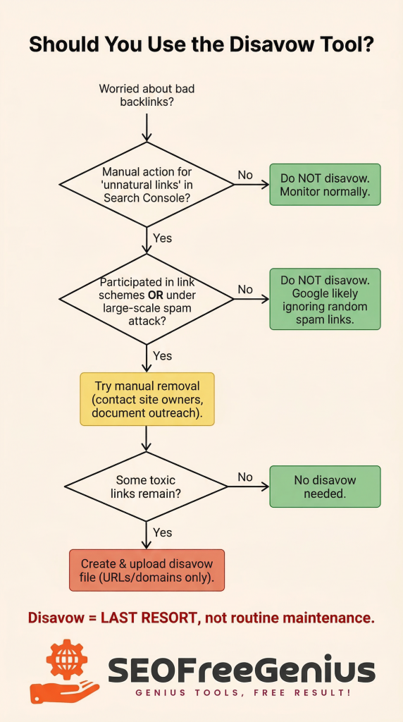 Disavow tool decision flowchart explaining when to disavow backlinks and when to let Google ignore spam links