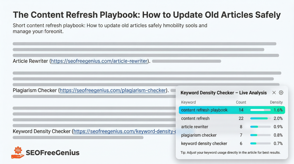 SEOFreeGenius content refresh playbook article mockup with live keyword density checker overlay showing SEO tools like article rewriter, plagiarism checker, and keyword density checker for updating old articles safely