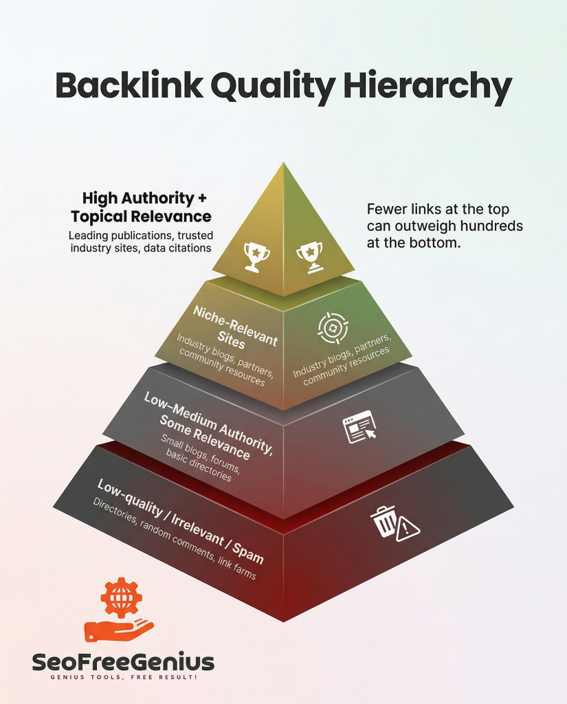 Backlink quality hierarchy pyramid showing high authority topical relevant links at top and low quality spam backlinks at bottom