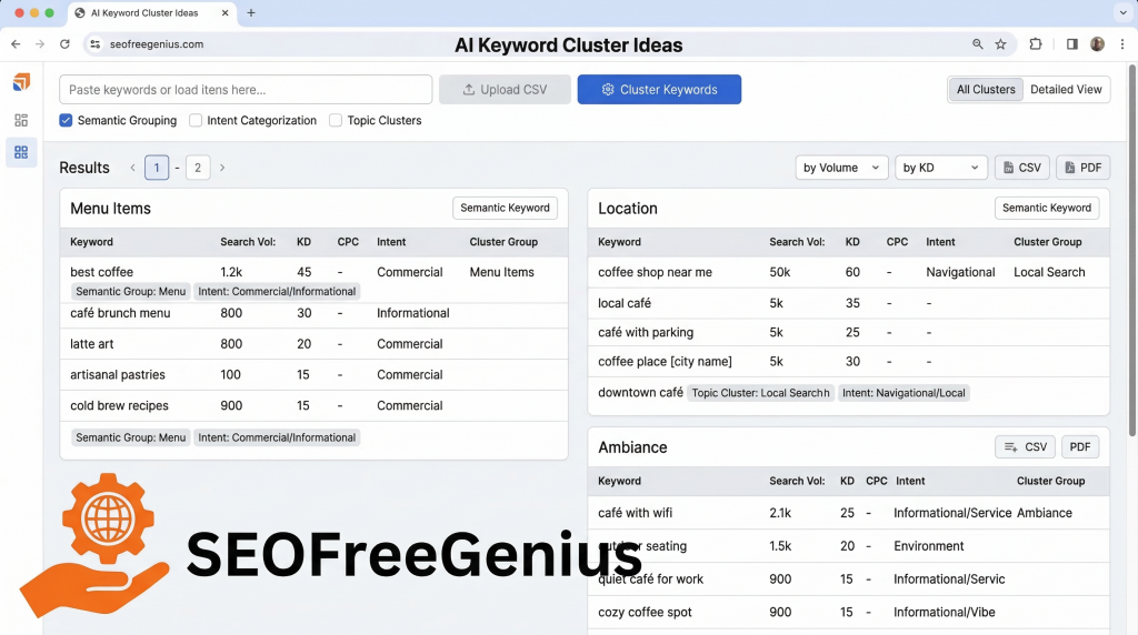 AI keyword clustering tool dashboard showing local SEO keyword clusters for café menu items, location, and ambiance with search volume, keyword difficulty, and intent data.