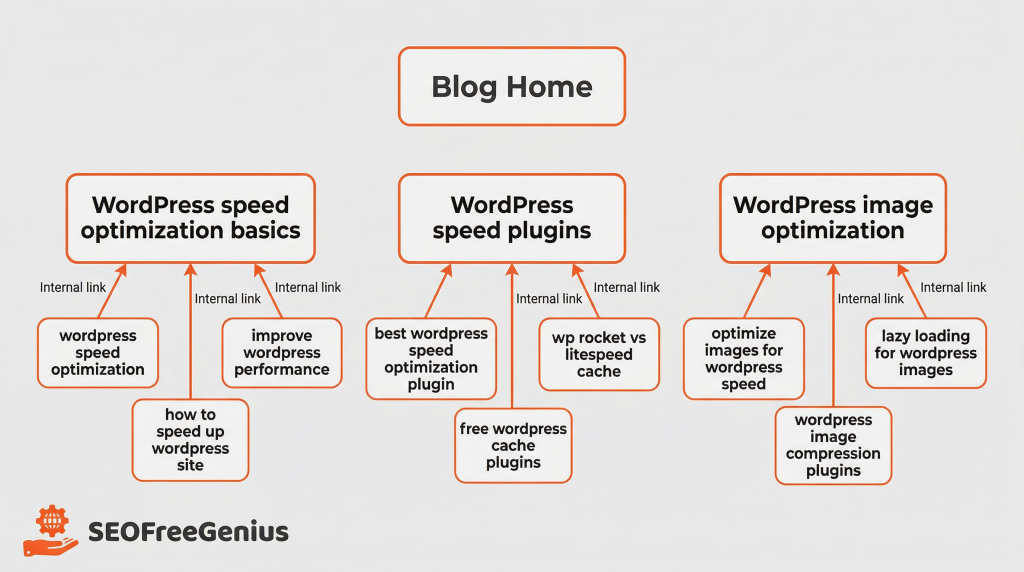 blog structure diagram showing wordpress speed keyword clusters with pillar pages and supporting articles connected by internal links for seo.