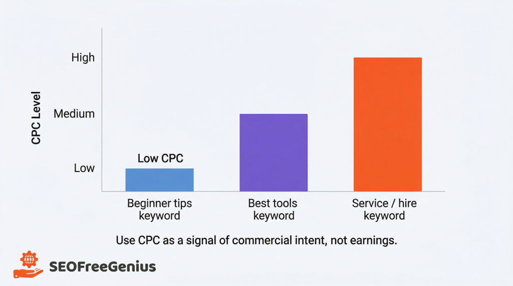 cpc comparison bar chart illustrating keyword intent with low cpc beginner tips keyword medium cpc best tools keyword and high cpc service hire keyword for seo.