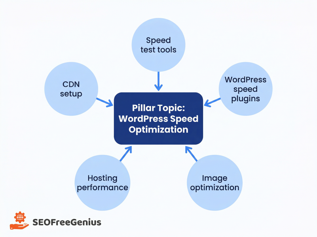 keyword cluster infographic showing pillar topic wordpress speed optimization with supporting topics cdn setup hosting performance image optimization speed test tools and wordpress speed plugins.