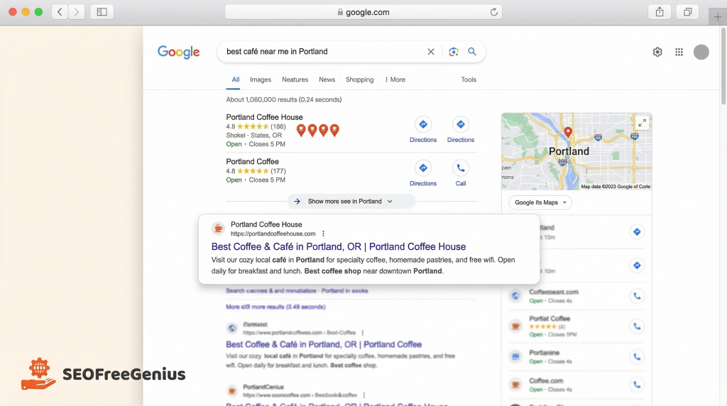 Google local search results SERP mockup showing a coffee shop ranking for best café near me in Portland with local pack, map, and optimized SEO title and meta description.