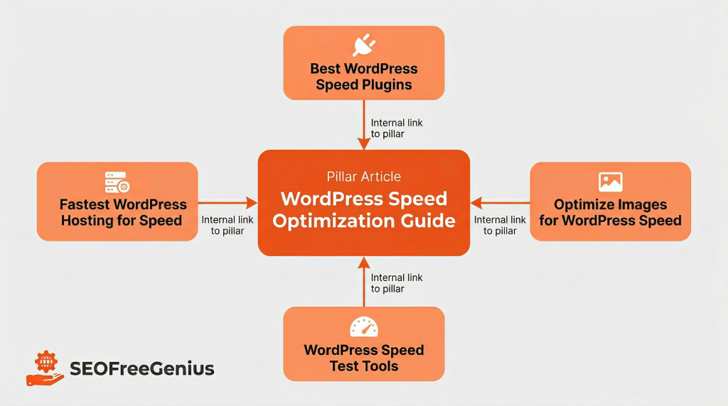 hub and spoke topic cluster diagram showing wordpress speed optimization pillar article with internal links to supporting content best plugins fastest hosting optimize images and speed test tools.