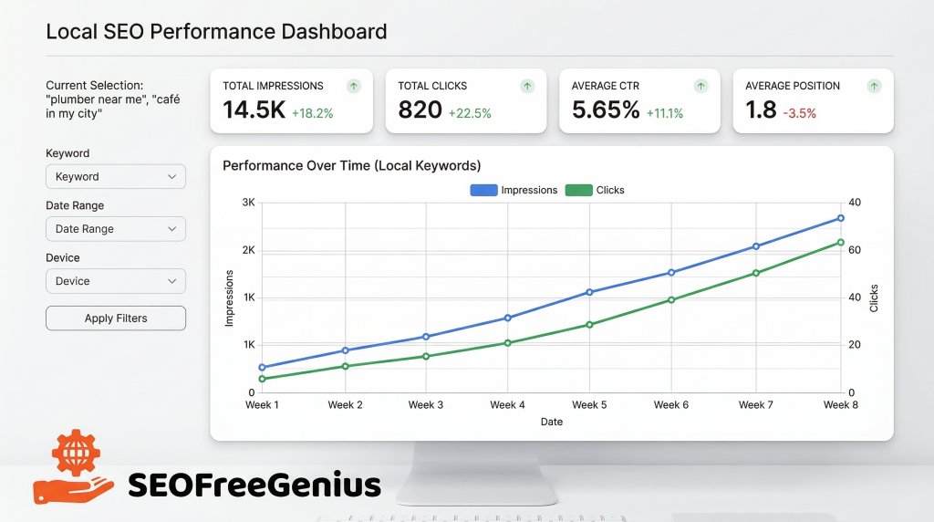 Local SEO performance dashboard mockup showing rising impressions and clicks for plumber near me and café in my city with keyword filters, CTR, and average position metrics.