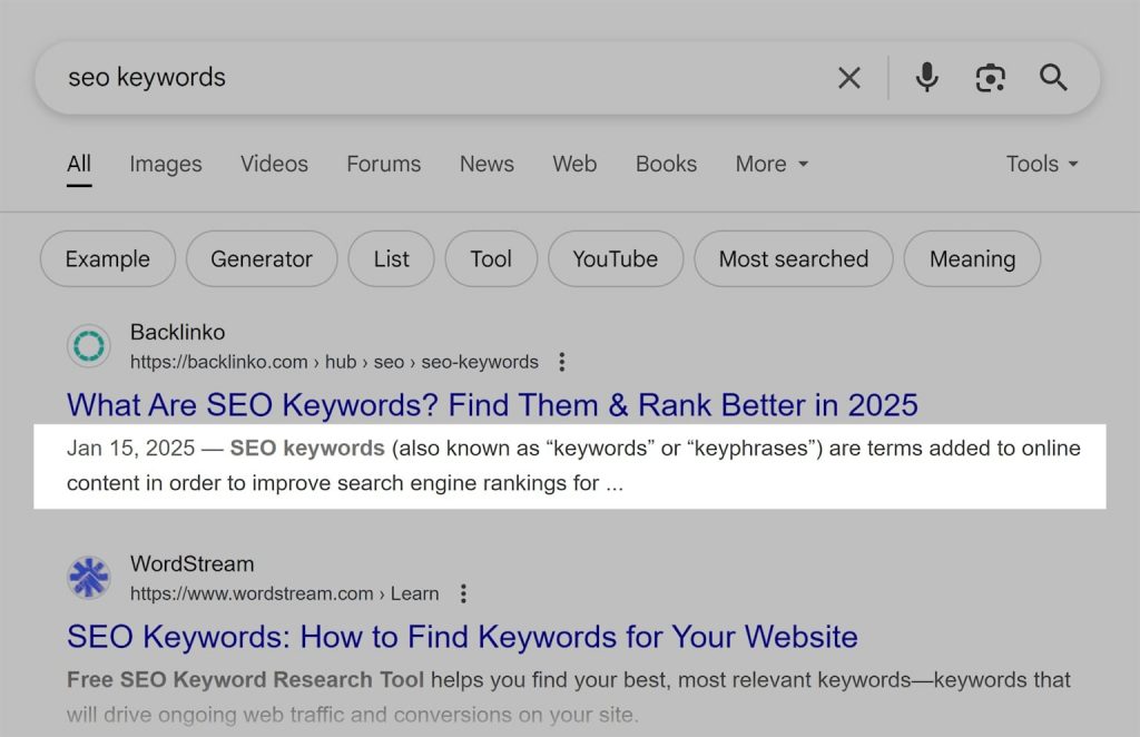 seo meta tags example showing optimized title tag and meta description for on page seo