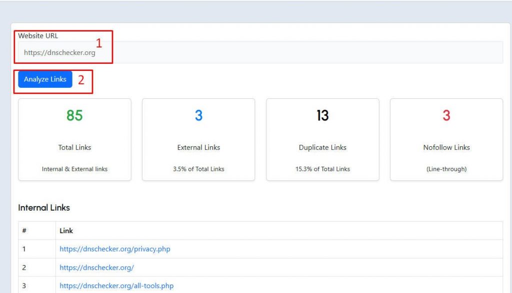 broken links checker tool interface listing internal and external 404 links for website SEO audit