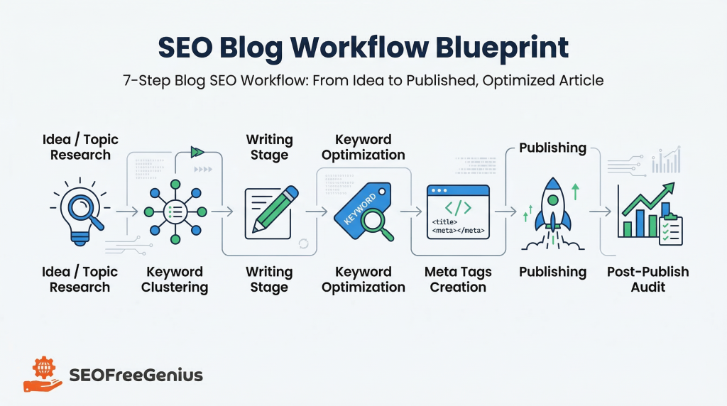 7-step SEO blog workflow diagram infographic from SEOFreeGenius showing complete process from idea and topic research to keyword clustering, writing stage, keyword optimization, meta tags creation, publishing, and post-publish audit for optimized articles. Visual blueprint for blog SEO workflow with seofreegenius tools for keyword research, density checker, meta tags analyzer, word counter.