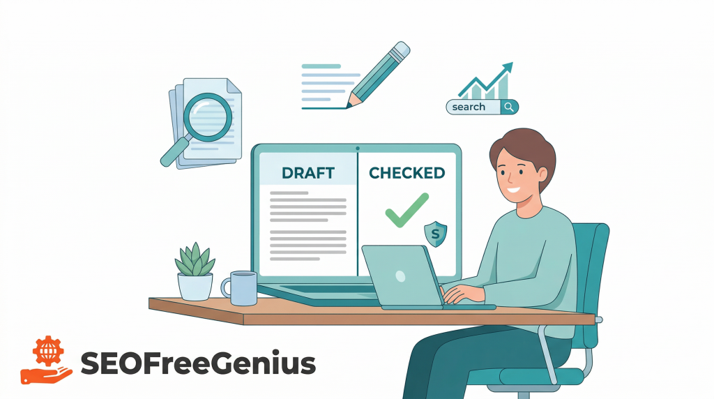 Illustration of SEO writer using plagiarism checker and article rewriter on laptop to review draft vs checked content for SEOFreeGenius