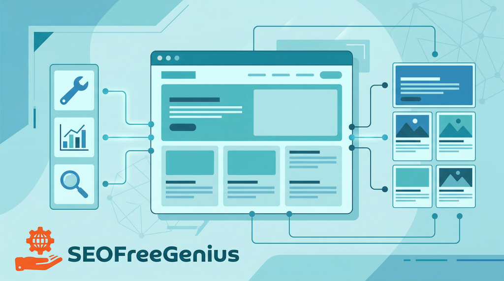 SEOFreeGenius free SEO tools dashboard illustration showing website optimization interface with analytics, search and settings icons, representing all‑in‑one SEO toolkit for better Google rankings