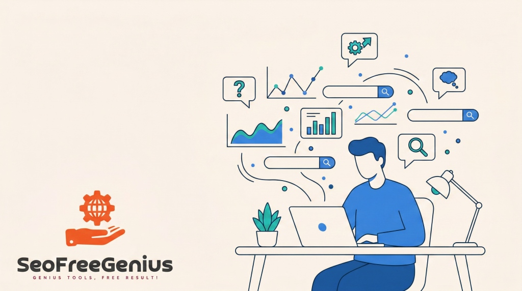 SeoFreeGenius free SEO tools illustration showing a digital marketer working on a laptop with search bars, keyword charts, analytics graphs and SEO icons, representing keyword research, website optimization and Google search rankings.