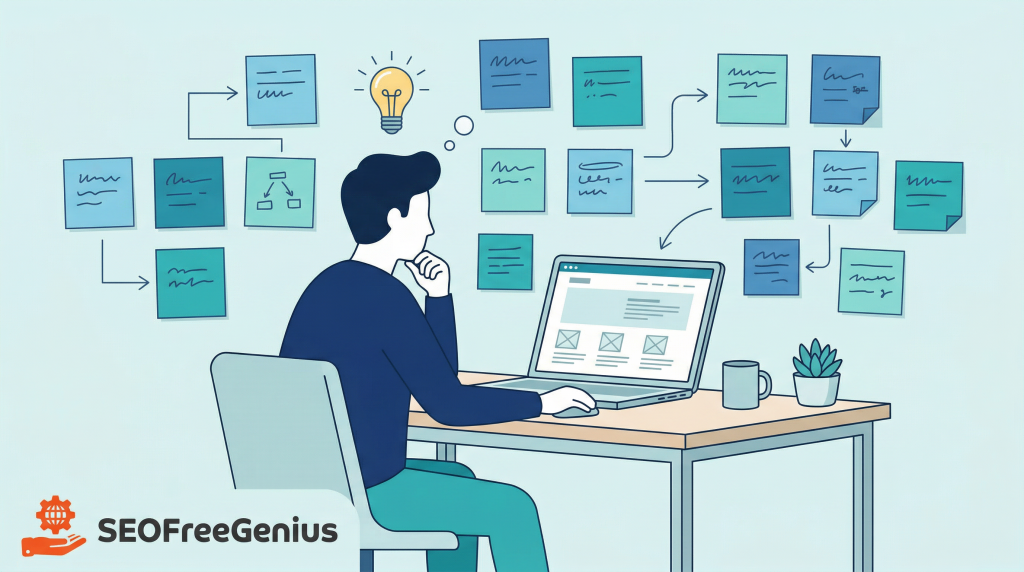 SEOFreeGenius keyword research illustration showing a marketer working at a laptop with a website on screen, surrounded by workflow sticky notes and idea icons, representing free SEO tools and keyword research planning.