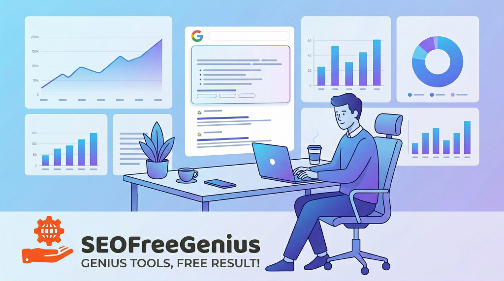 SEO marketer using SEOFreeGenius free SEO tools on laptop with Google search results and analytics charts, illustrated concept of AI Overviews SEO optimization and website ranking growth