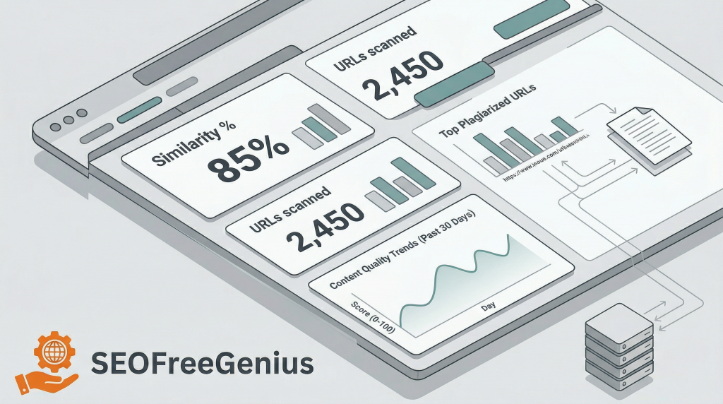 Technical SEO dashboard illustration showing plagiarism checker similarity score, URLs scanned, content quality trends, and SEOFreeGenius branding