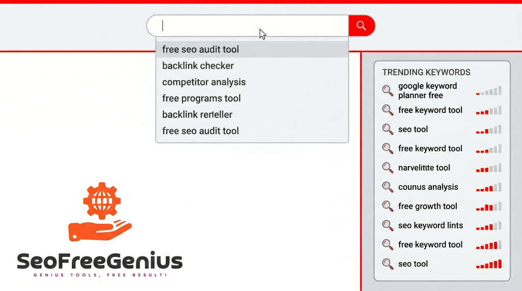 YouTube SEO search interface illustration showing keyword suggestions like “free SEO audit tool” and trending SEO keywords list, representing free SEO tools, keyword research and backlink checker on SeoFreeGenius
