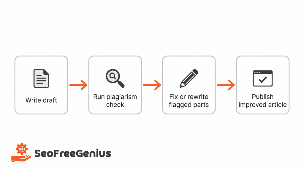 4 step plagiarism checker workflow diagram showing write draft, run plagiarism check, fix or rewrite flagged parts, then publish improved SEO article