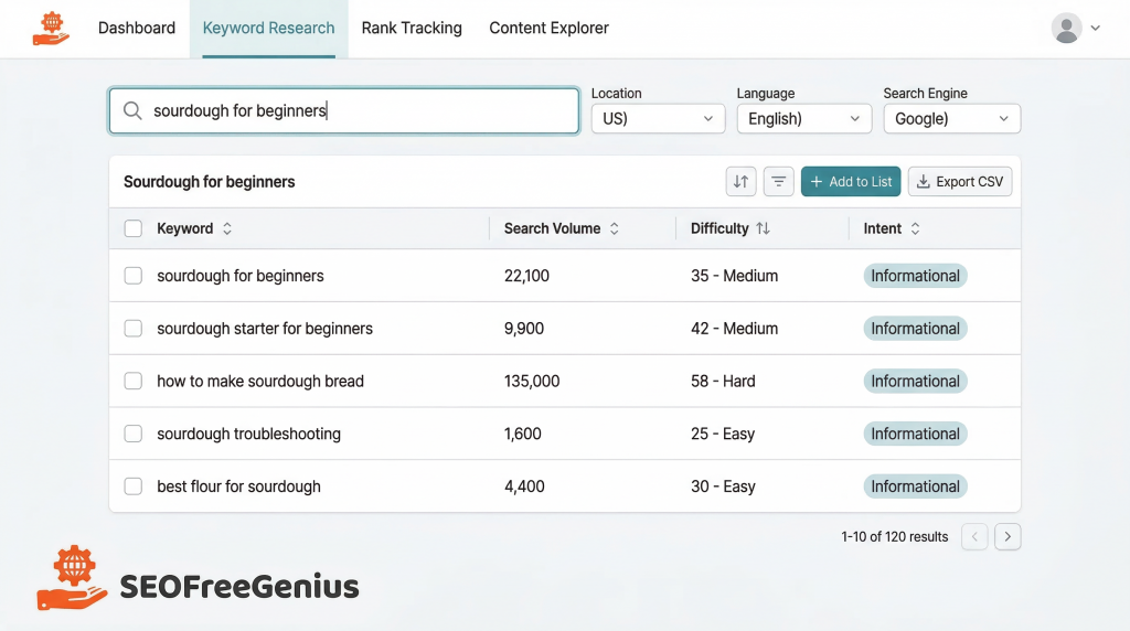SEOFreeGenius keyword research dashboard screenshot showing keyword research tool results for "sourdough for beginners" with search volume 22,100, difficulty 35-Medium, informational intent. Related keywords include sourdough starter for beginners 9,900 volume, how to make sourdough bread 135,000 hard difficulty, sourdough troubleshooting 1,600 easy, best flour for sourdough 4,400 easy. Free SEO keyword tool dashboard for blog SEO workflow keyword research step.