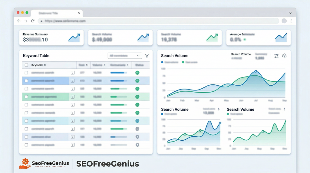 SEOFreeGenius keyword dashboard illustration showing an SEO analytics browser window with keyword table and search volume graphs, representing free SEO tools for keyword research, rank tracking and search volume analysis.
