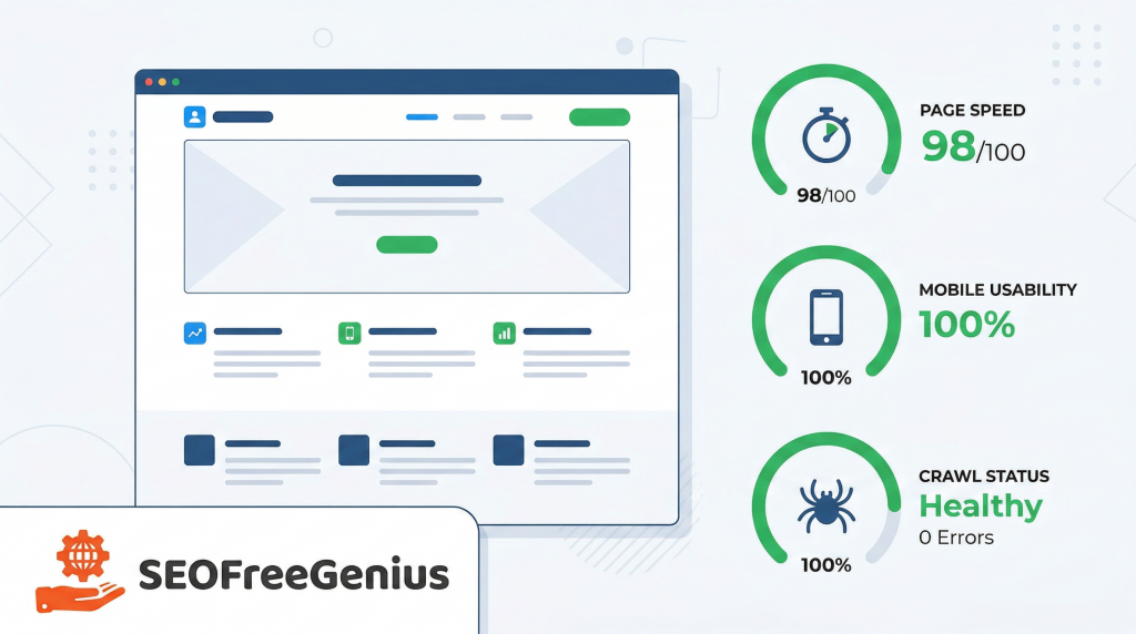 SeoFreeGenius SEO dashboard illustration showing website audit results with high page speed, 100% mobile usability and healthy crawl status, visualizing Core Web Vitals, technical SEO performance and site health metrics for Google search rankings.