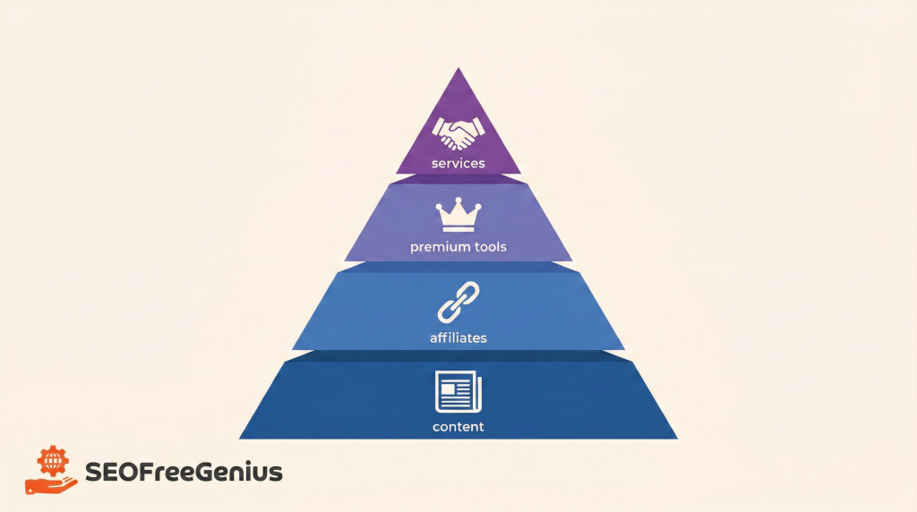 SEOFreeGenius revenue pyramid infographic showing content, affiliates, premium tools and services as layers of an SEO tools monetization strategy for free SEO tools websites