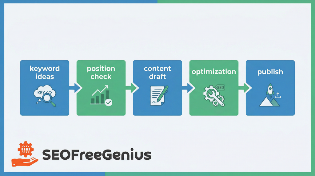 SEOFreeGenius SEO workflow infographic showing five steps keyword ideas, position check, content draft, optimization and publish with icons, visual guide to SEO content process and rankings