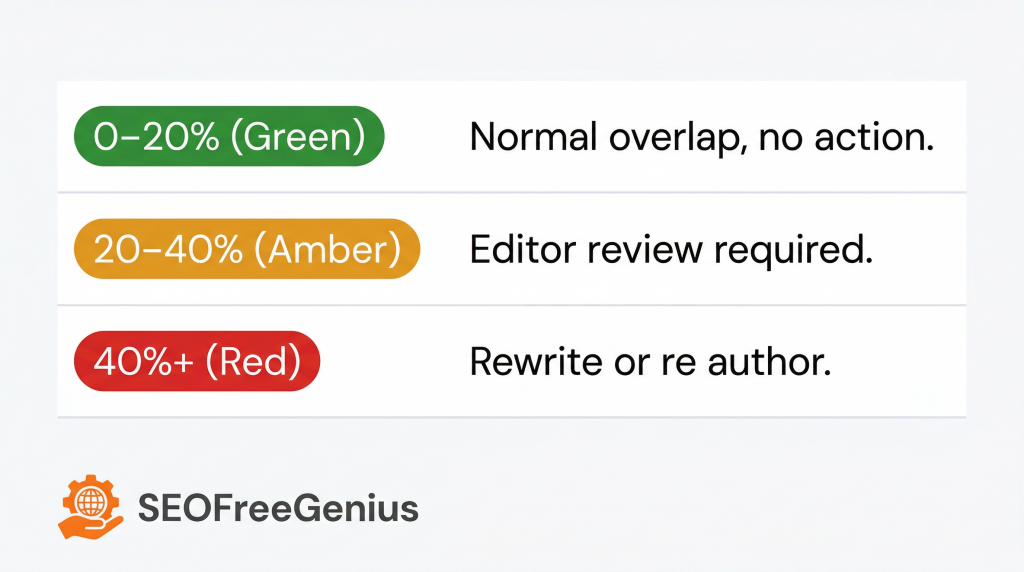 SEO plagiarism similarity thresholds graphic showing green 0–20% normal overlap, amber 20–40% editor review required, red 40%+ rewrite or reauthor, SEOFreeGenius branding