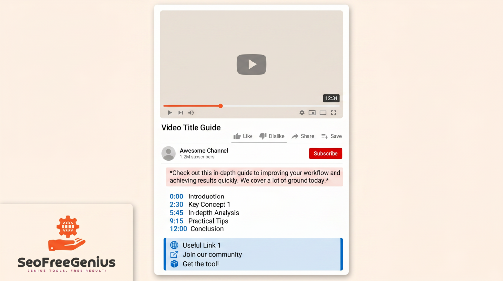 YouTube video page illustration showing optimized description with timestamps, links and subscribe button, demonstrating best practices for YouTube SEO descriptions and video chapters by SeoFreeGenius