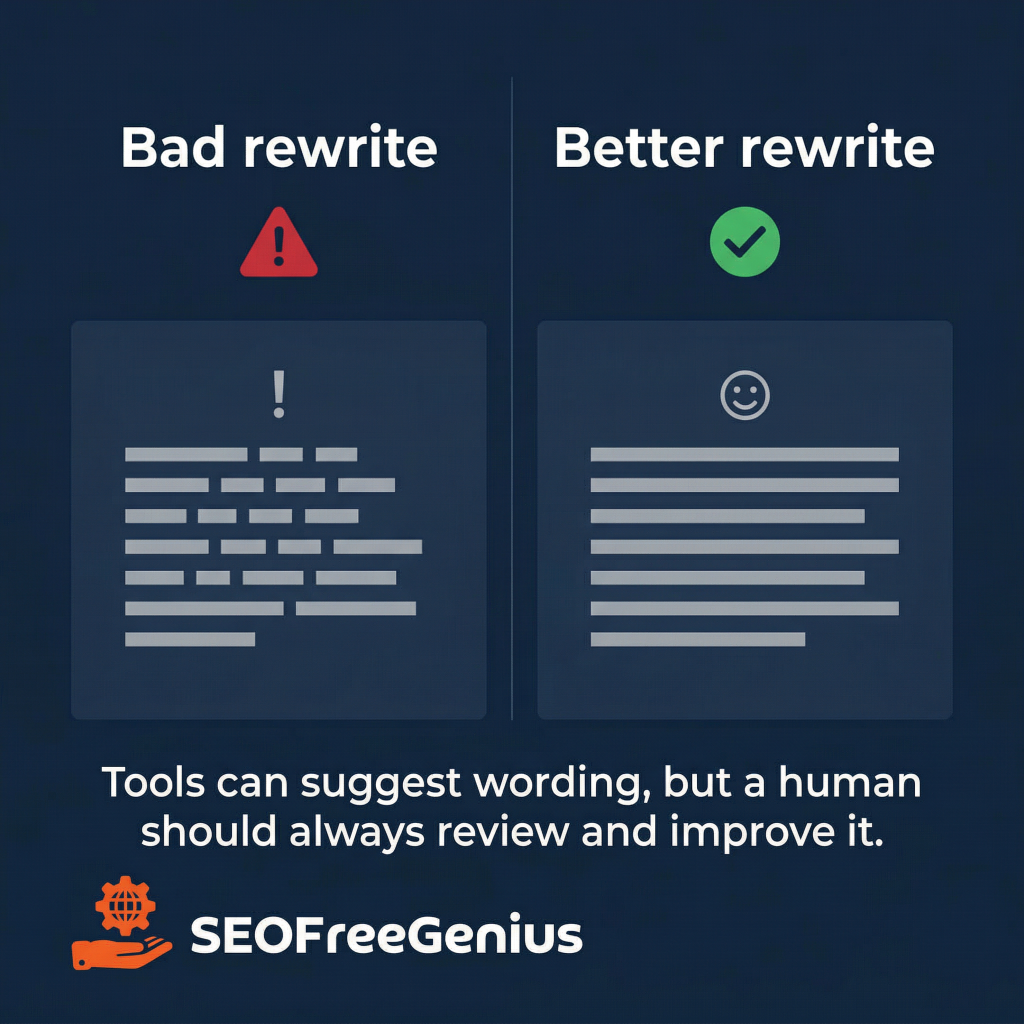 Bad vs better rewrite comparison graphic showing poor AI article rewrite on left and improved human edited rewrite on right with SEOFreeGenius branding