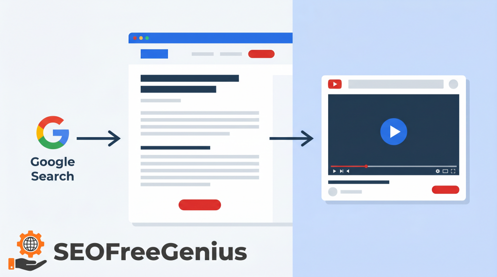 SEO illustration of Google search traffic flowing to a blog page and then to a YouTube video player, showing how to drive views from Google to YouTube using video SEO on SEOFreeGenius