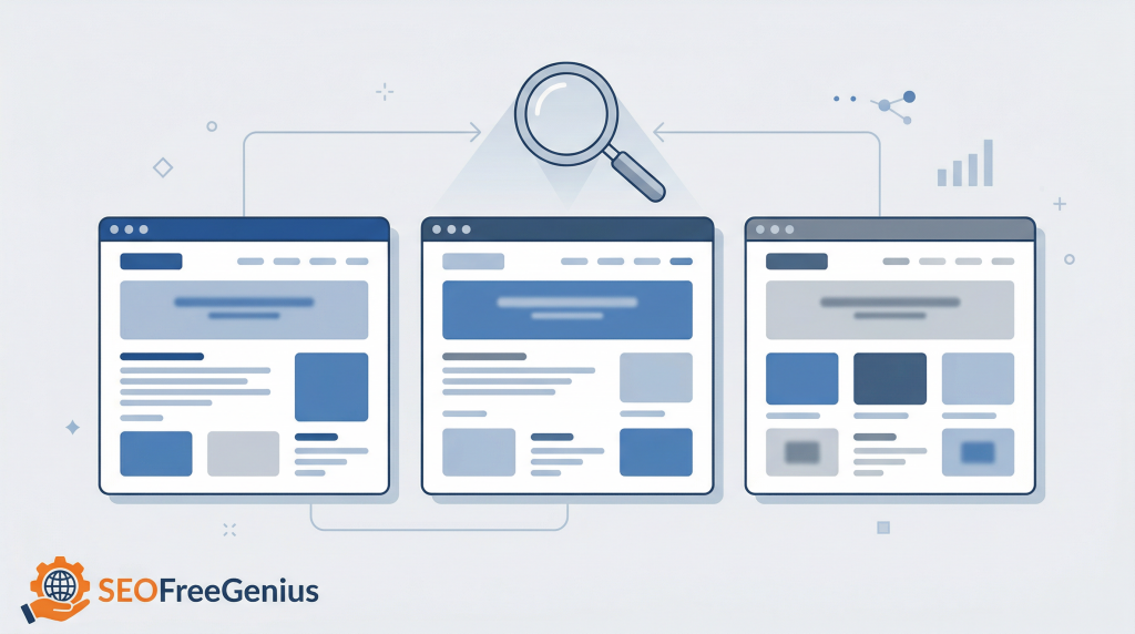 SEOFreeGenius competitor analysis illustration showing three website pages under a magnifying glass, representing SEO competitor research, SERP comparison and on‑page analysis for free SEO tools.