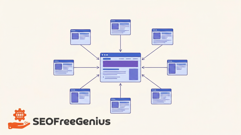 SeoFreeGenius backlink authority illustration showing a central web page connected by arrows to multiple surrounding pages, representing internal links, backlinks, domain authority and link building strategy for SEO and Google rankings.